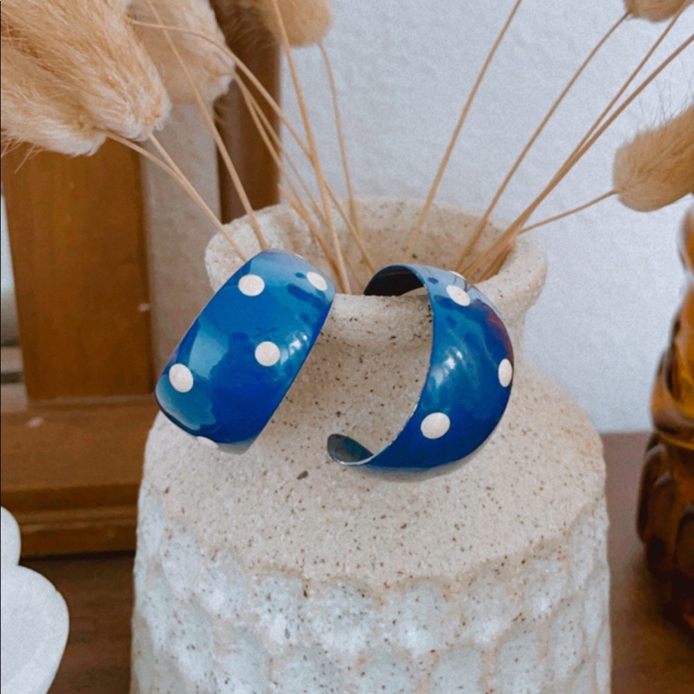 Retro Large Blue and White Poka Dot Earrings